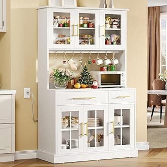 71'' Kitchen Pantry Storage Cabinet with Microwave Stand, Tall Freestanding Hutch Cabinets with Power Outlet, Pantry Cabinets with Buffet Cupboard, Drawers & Acrylic Doors for Home, White