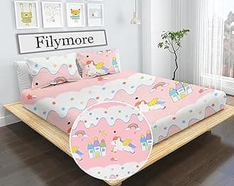 Twin Unicorn Bedsheet Made with Microfiber Wrinkle Free Soft Hypoallergenic | Floral Printed Double Bed Queen/King Size for Kids (90x90 Inches/Twin Unicorn/Boys Girls Room)(Red)