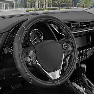 Motor Trend GripDrive Faux Black Leather Steering Wheel Cover for Car Truck Van SUV, Standard 15 inch Size, Beige Accent Stitched Car Steering Wheel Cover Vehicle & Auto Accessories