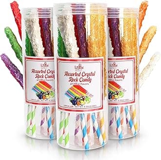 36 Crystal Rock Candy Sticks - Sweet Hard Sugar Lollipop Snacks with Strong Flavors - Assorted Large, Individually Wrapped Candies - Colored Buffet Treats & Party Favors for Kids