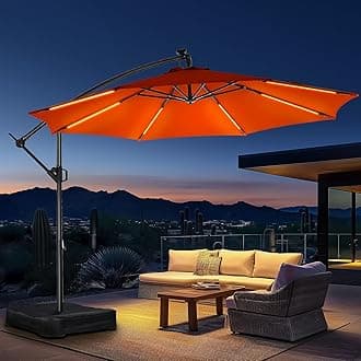 HOMSHADE 10ft Solar Lights Offset Cantilever Patio Umbrella - with Light and Base, LED Lighted Offset Hanging Patio Outdoor Market Umbrella UPF50+ UV Protection with Easy Tilt and Crank (Orange)