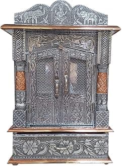 Bit-Chu Handcrafted Designs Wooden Mandir with Aluminium & Copper Oxidized Home Temple/Ghar mandir/Pooja mandir for Home Size L- 12 inch x B- 6 inch (Silver & Bronze)