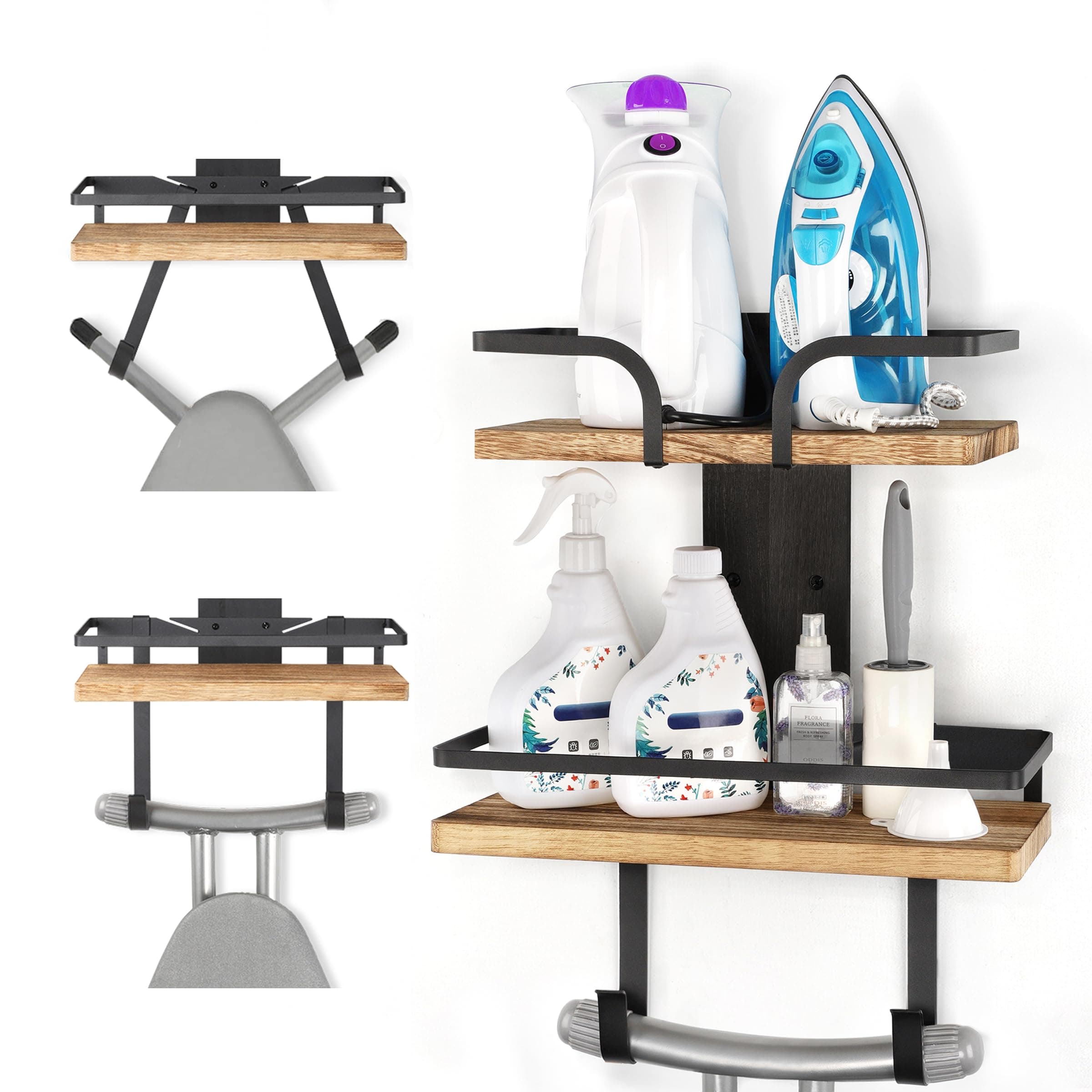 VINAEMO Ironing Board Hanger Wall Mount, 2-Layer Iron and Ironing Board Holder, Laundry Room Shelves Solid Wood with Removable Hooks Home Organization and Storage