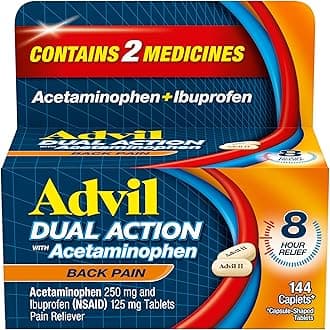 - Dual Action Back Pain Caplets Delivers 125mg Ibuprofen and 250mg Acetaminophen Per Dose for 8 Hours of Back Pain Relief - 144 Count