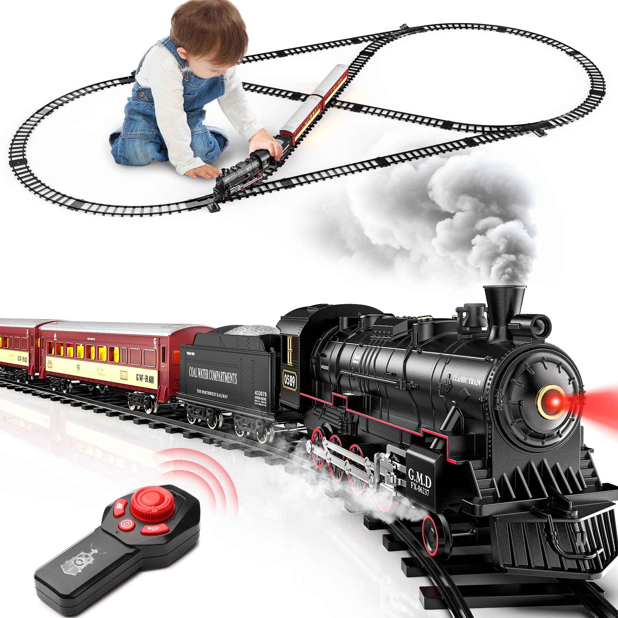 Train Set for Boys, Alloy Remote Control Train Sets with Steam Locomotive, Light Up Cars and Tracks, Electric Trains Set Toys for Toddler Kids, Christmas Toys Gifts for 3 4 5 6 7 8+ Year Old