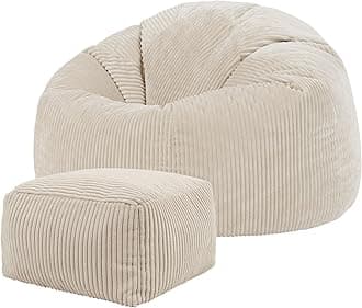 icon Kingston Cord Bean Bag with Footstool, Beige, Large Adult Bean Bag Chair with Filling Included, Comfy Chair, Pouffe Footstool, Living Room Furniture, Bedroom Furniture