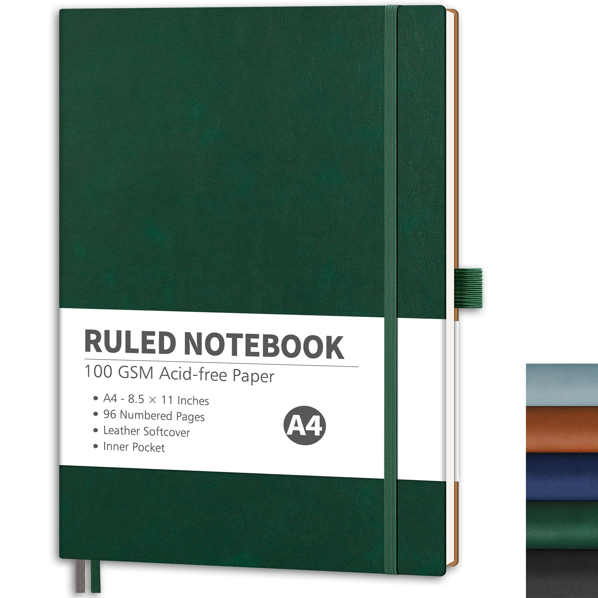 Lined Journal Notebook, 96 Numbered Pages, A4 Large Size (8.5'' x 11''), for Men & Women, Journaling, Writing, Work & Office, Leather Softcover, 100 GSM Thick Paper (Dark Green)