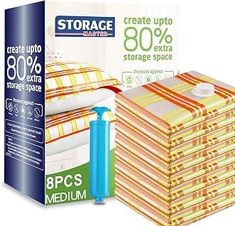 Storage Master Vacuum Storage Bags, 8-pack Medium Size Space Saver Bags 80% More Storage Space Work with Vacuum Cleaner + Hand Pump (Medium 8 Pack)