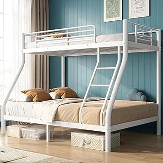 Twin Over Full Bunk Bed, Heavy Duty Sturdy Bunk Beds with Ladder & Guardrail, Space-Saving Metal Bed Frame for Teens Adults, White