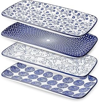 Selamica Ceramic Serving Platters, 14 Inch Serving Trays for Party Entertaining, Large Rectangular Serving Plates for Appetizer, Charcuterie, Dessert, Fruit, Set of 4, Vintage Blue