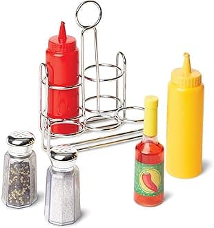 Condiments Set – 6-Piece Wooden Pretend Play Set with Ketchup, Mustard, Hot Sauce, Salt & Pepper Shakers, Caddy & Squeezable Sounds – Toy for Kids Ages 3 & Up | MD9358