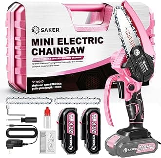 Saker Mini Chainsaw,Portable Electric Pink Mini Chainsaw Cordless,Handheld Chainsaw for Tree Branches,Courtyard, Household and Garden,by 2PCS 20V 1500mAh Batteries and 3 PCS Chains