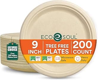 ECO SOUL Compostable 9 Inch(200-Pack) Biodegradable Heavy-Duty Disposable Eco-Friendly Paper Plates for Christmas Dinner & Parties, Wedding, Event