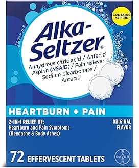 - Heartburn + Pain Effervescent Aspirin + Antacid Tablets, Fast Heartburn Relief and Acid Indigestion Relief, Pain Relief with Aspirin, 72 Ct