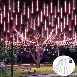 JMEXSUSS Red and White Solar Meteor Shower Rain Lights, 30cm 8 Tube 144 LED Solar Lights for Party Holiday Yard Patio Decorations