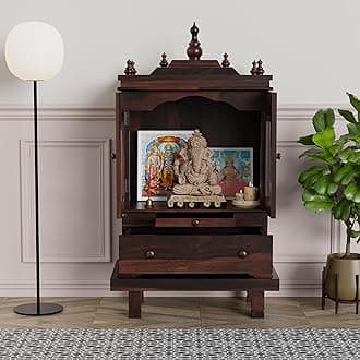 G Fine Furniture 3.5 Ft Sheesham Wood Temple for Home | Wooden Pooja Mandir with Pooja Choki, 1 Drawer Storage, 2 Glass Door Cabinet & Dhoop Batti Slider Stand | Pooja Ghar Mandap (Walnut Finish)