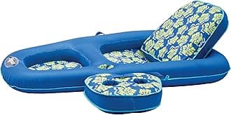 Aqua LEISURE Campania Ultimate 2 in 1 Recliner & Tanner Pool Lounger with Adjustable Backrest and Caddy, Inflatable Pool Float, Royal/Lime Hibiscus (AZL14856Z)
