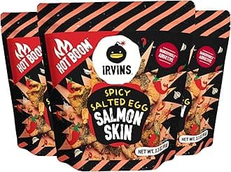 IRVINS Hot Boom Spicy Salted Egg Salmon Skin Chips & Crisps – Premium Hand Cooked, Halal, Keto-Friendly, High Protein Snack, Dangerously Addictive, Real Salted Egg, Spicy, (3.3 oz, Pack of 3)