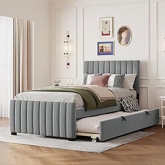 Twin Size Velvet Upholstered Platform Bed, Wood Bed Frame with Twin Size Trundle, Gray