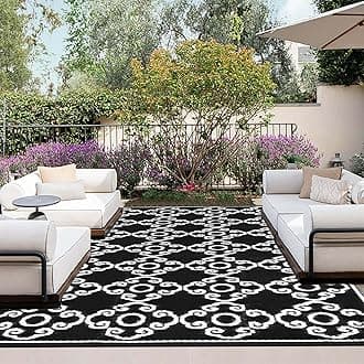 OutdoorLines Outdoor Reversible Rugs for Patio 5x8 ft - Outside Plastic Carpet, Stain & UV Resistant Portable RV Mat, Straw Rug for Camping, Backyard, Deck, Picnic, Porch Moroccan Flower Black & White