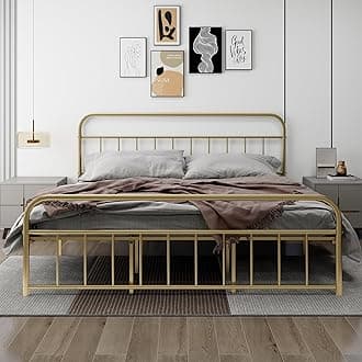 King Metal Platform Bed Frame with Vintage Headboard Footboard Extra Strong Support No Box Spring Needed Noise Free Easy Assembly Gold
