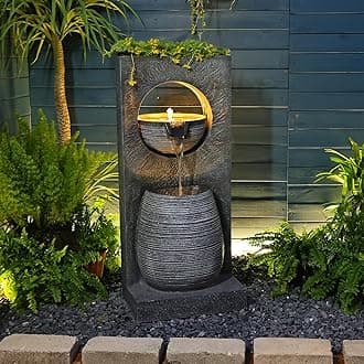 Water Fountain Outdoor Indoor - Modern Waterfall Garden Freestanding Fountain Curved Surface Artistry Design with LED Lights and Light Strip for Home Decor Patio Yard Pool,37.4 inches Tall