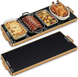Electric Warming Tray (L 32"x12")，Food Warmers for Parties Buffet with Thermostat & Full Surface Heating, Tempered Glass Warming Mat for Food, Temperature Adjustable Gold Handles Food Warming Mat