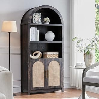 Rattan Arched Cabinet Bookshelf - 69.3” Tall Mid Century Display Cabinet, Rounded Bookcase with Rattan Doors, Open Shelf Storage for Dining Room (Dark Rustic Oak, 1 PC)
