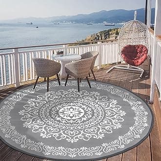 Pauwer Waterproof Outdoor Rug 6ft, Reversible Plastic Straw Patio Camping Rug, Indoor Outdoor RV Mat Carpet for Deck, Camper, Porch, Balcony, Backyard, Picnic, Floral Grey