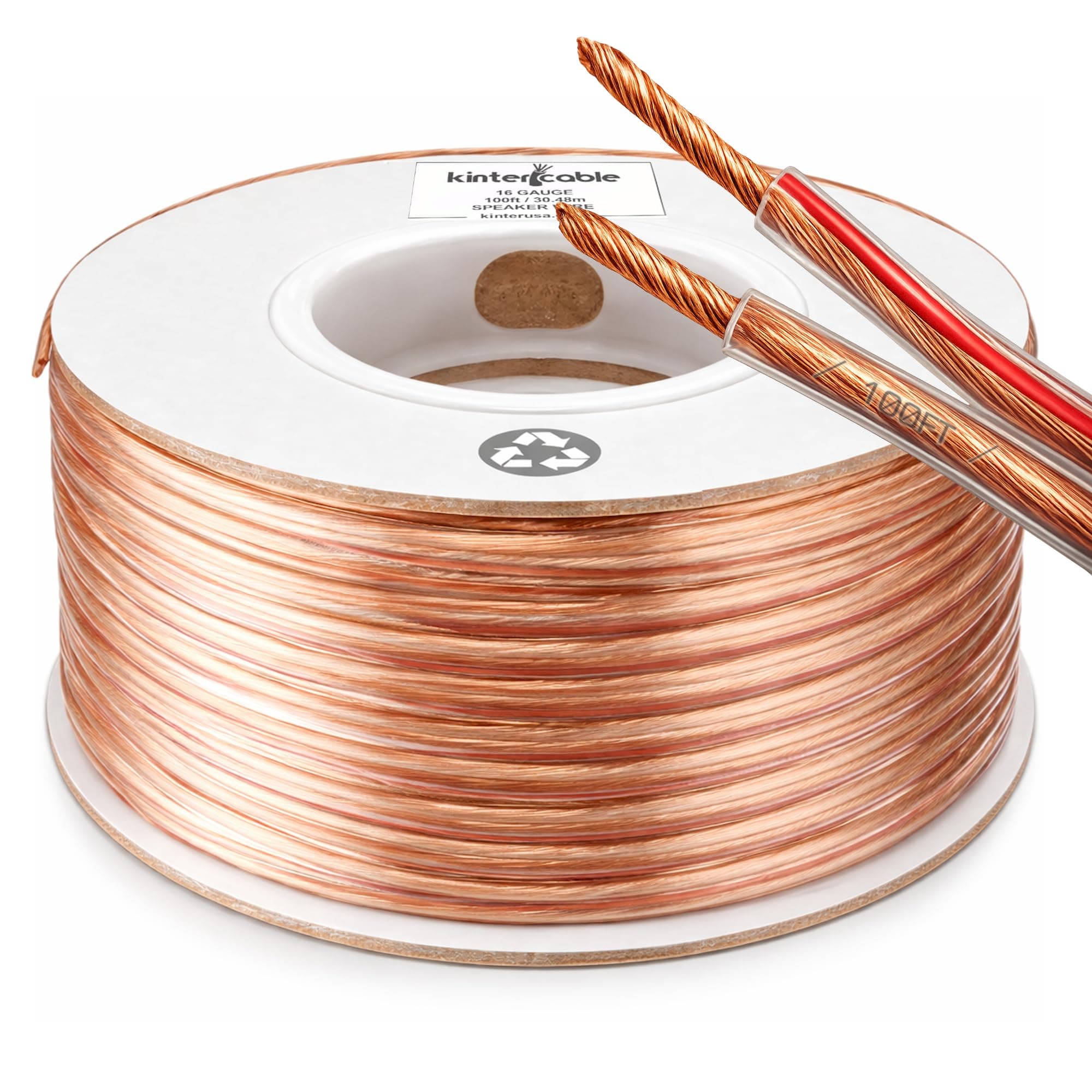 Kinter Cable 100ft 16-Gauge Audio Stereo Speaker Wire Cable, 100 Feet, 30.48 Meters, 2 Conductor, Polarity Marked, Flexible Clear PVC, CCA, Home Theater, HiFi, Surround or Auto Amps