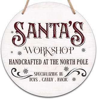 Christmas Wooden Sign Wall Decor, Welcome Sign For Front Door, Santa's Workshop Round Hanging Sign With Rope, Christmas Gifts For Family Friend, Winter Decor For Farmhouse Home Outdoor Porch, D01