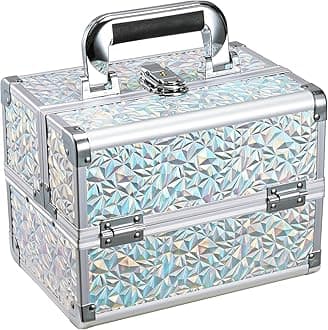 Joligrace Makeup Train Case Makeup Case Organizer Portable Cosmetic Box Storage with 2 Trays Mirror Locking with Keys Make Up Travel Case Nail Kits Traveling Makeup Box Shiny Silver