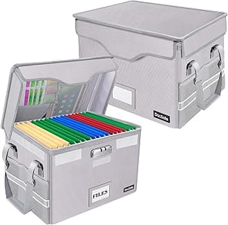 File Box Fireproof Document Box with Lock,DocSafe File Storage Organizer Box with 7 Mesh Pockets,Collapsible Portable File Box Home Office File Cabinet with Handle,Silver,2 Pack