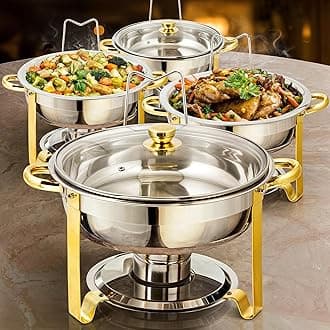 Chafing Dish Buffet Set 5 QT Stainless Steel Chafing Dishes Round Buffet Food Warmer Chafers Set for Parties Catering Event with Glass Lid, Lid Holder 4PCS