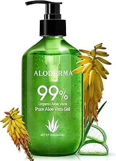 Aloderma Aloe Vera Gel Made within 12 Hours of Harvest with 99% Pure Organic Aloe Vera - Pump Bottle - Ideal for Face and Body, Soothing & Hydrating Sunburn Relief, Great for Scalp & Hair - 10.6oz