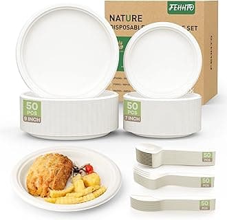 250PCS Compostable Paper Plates Set, Heavy Duty Biodegradable Disposable Dinnerware Set include 9 Inch & 7 Inch Plates,Extra Long Forks & Knives & Spoons for Party Camping BBQ, 50 People