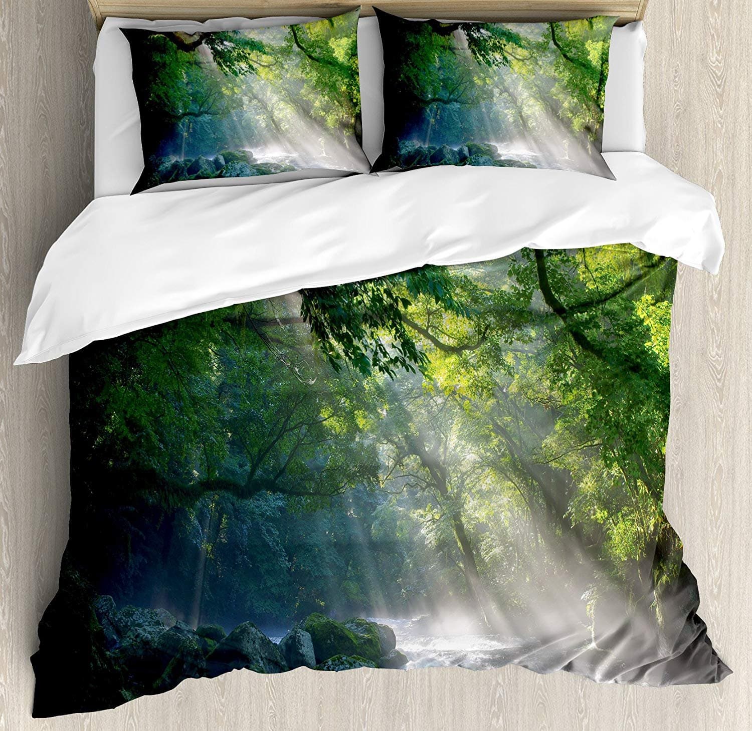 Rainforest Luxury 4 Piece Bedding Set King Size, Stream in the Jungle Stones under Shadows of Trees Sun Rays Mother Earth Theme, Duvet Cover Set Quilt Bedspread for Kids/Teens/Adults, Green White
