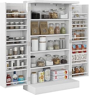 41" Kitchen Pantry Storage Cabinet, Freestanding Kitchen Cabinet with 12 Door Shelves, Double Doors, 5-Tier Shelving and Adjustable Shelves, Painted White