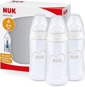 NUK First Choice+ Baby Bottles, 0-6 Months, 300 ml, Anti-Colic Bottles with Orthodontic Silicone Teat, Temperature Control, BPA-Free, Grey & White, 3 Count
