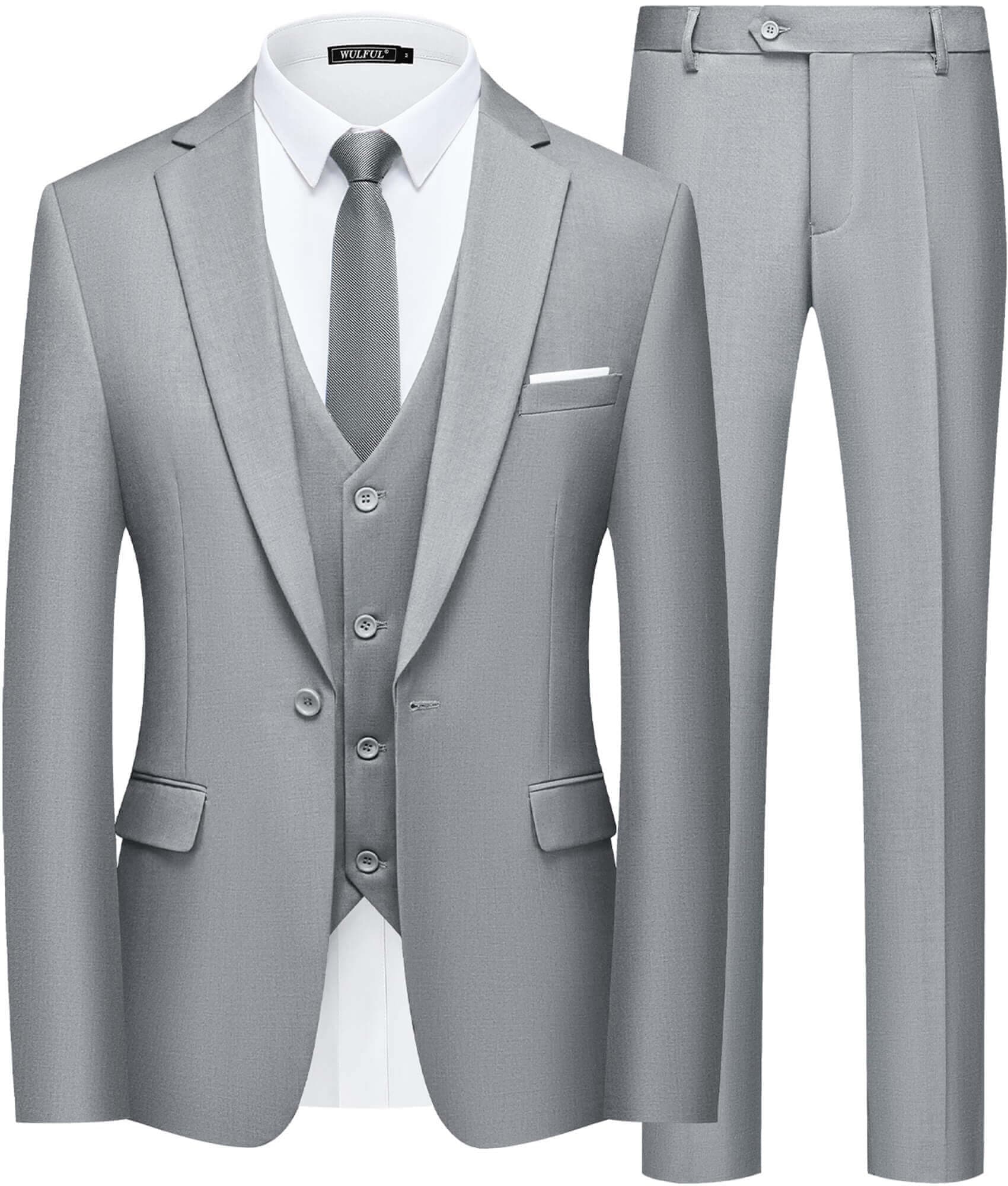 WULFUL Men’s Slim Fit Suit One Button 3-Piece Blazer Dress Business Wedding Party Jacket Vest & Pant