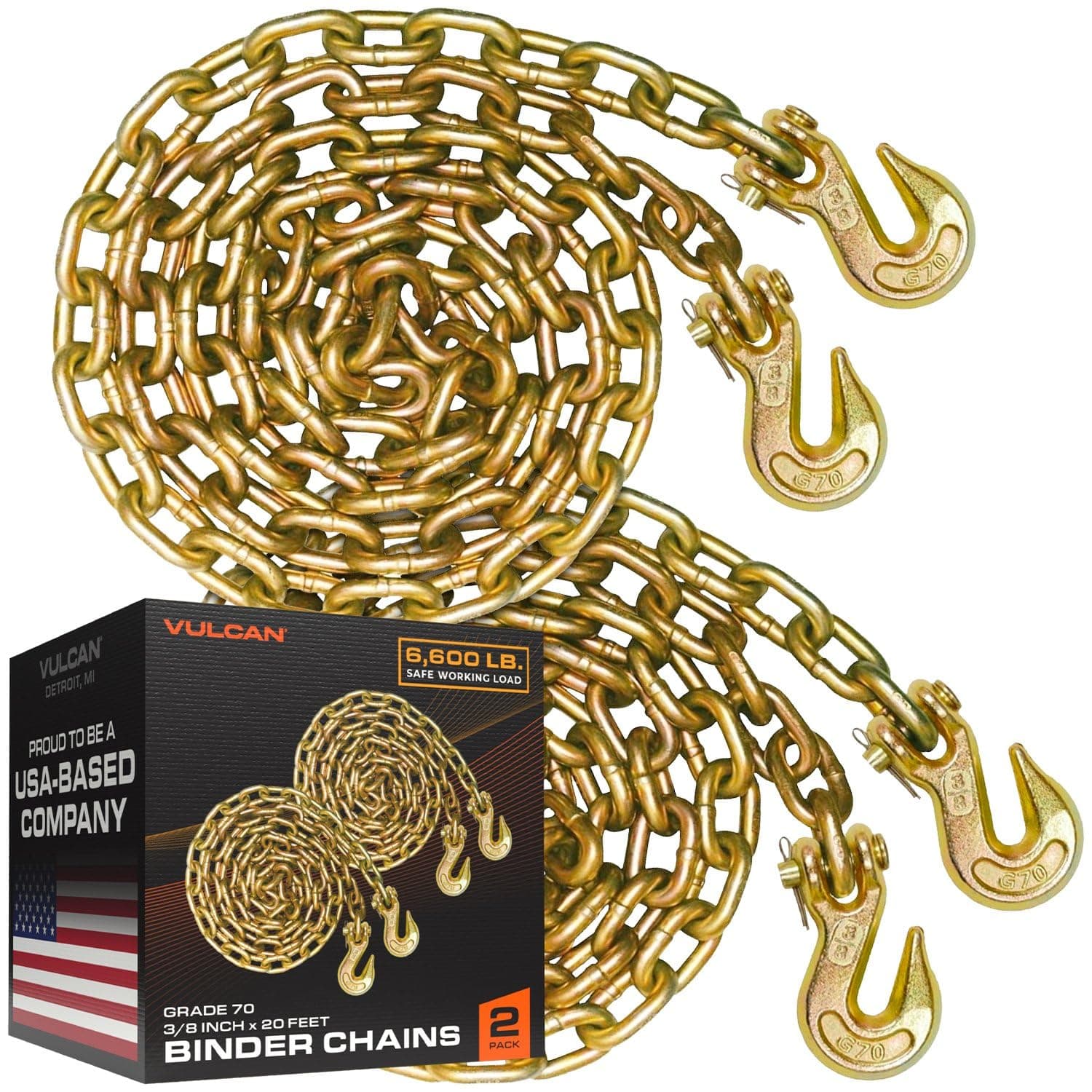 VULCAN Binder Chain with Clevis Grab Hooks - Grade 70-3/8 Inch x 20 Foot - 2 Pack - 6,600 Pound Safe Working Load