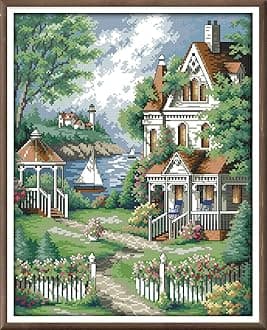 CaptainCrafts Cross Stitch Kits, New Counted Kit Unprinted 14CT Fabric Cross Stitching DIY Art DMC Needlecrafts Embroidery Kit for Adults Beginner (White, Seaside Villa Garden)
