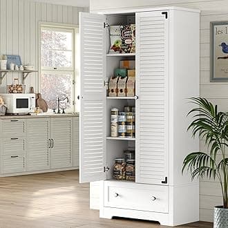 71" Tall Kitchen Pantry with Louver Doors, Wooden Food Pantry Storage Cabinet, Cupboard Buffet Cabinet for Kitchen Dining Living Room