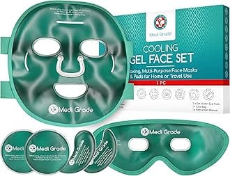 Medi Grade Cooling Face Mask set with Cooling Eye Mask for Puffy Eyes and Insulated Thermo-bag - Soothing Gel Ice Face Mask and Eye Ice Mask for Dark Circles and Puffiness - Cold Face Relaxation