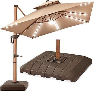 10ft Square Cantilever Patio Umbrella w/Base Included, Woodgrain Pattern Pole & Solar LED Lights, 360-Rotation, Offset Hanging Outdoor Shade - Tan