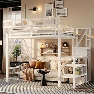 Twin XL Size Loft Bed with Stairs and Storage, Metal Loft Bed Frame with A Shelf and Large Under-Bed Space, Heavy-Duty Loft Beds for Kids Boys Girls Teens Bedroom Dorm, Convertible Staircase, White