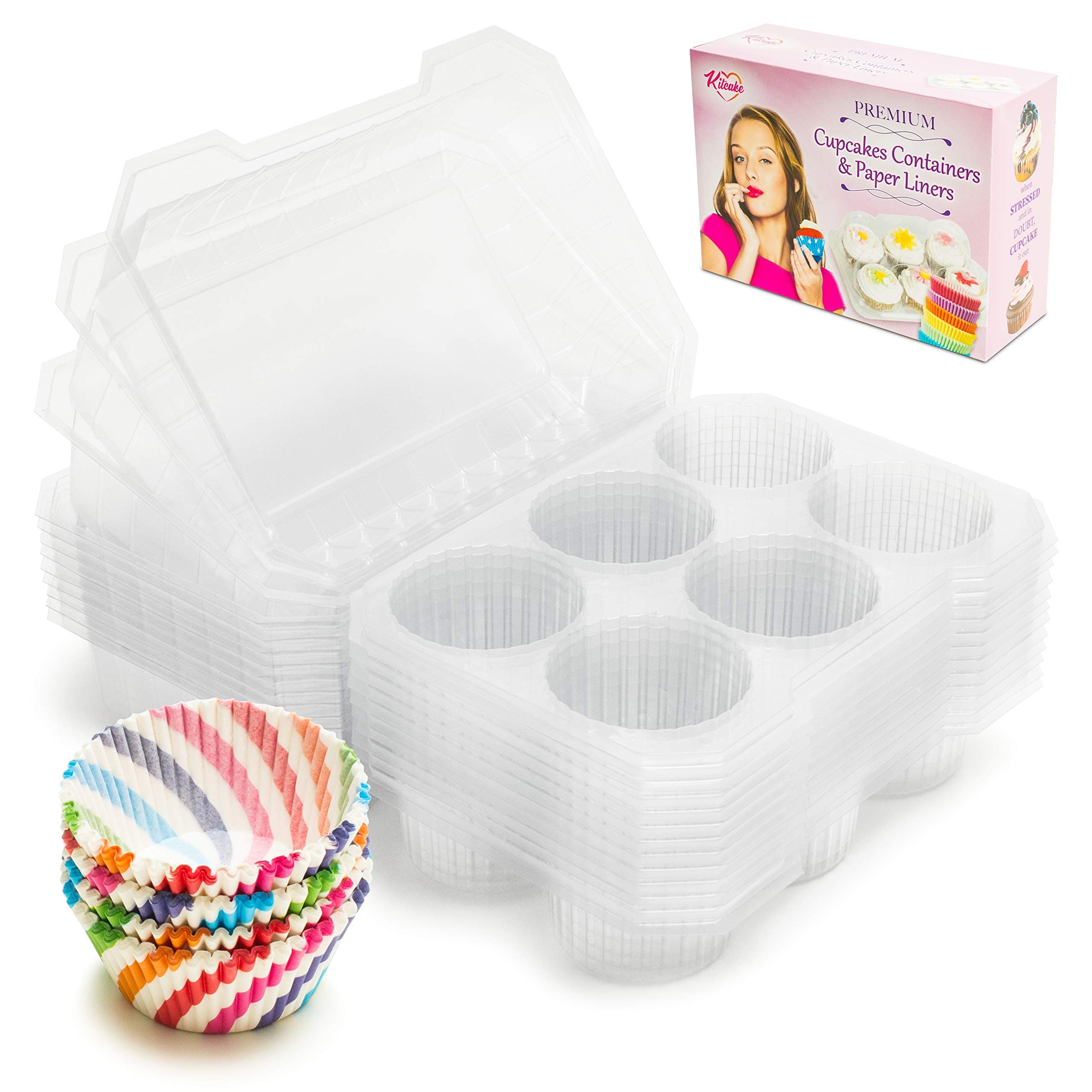 Cupcake Boxes - Cupcake Holder Carrier – Disposable Plastic Box for 72 pcs with 100 Paper Liners