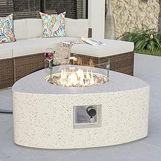 COSIEST 35.2 inch Outdoor Propane Fire Pit, Small Triangular Fire Table w Terrazzo White Base Patio Heater, 40,000 BTU Stainless Steel Burner, Wind Guard, Transparent Gray Fire Glass, Rain Cover