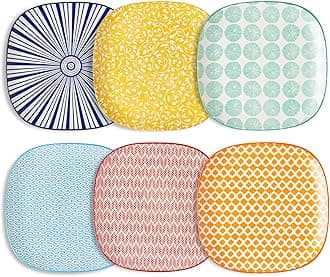 Porcelain Square Dessert Salad Pasta Steak Plates 10 inches ceramic plates set of 6 microwave/dishwasher/oven safe, Assorted Colors