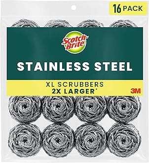 Scotch-Brite Stainless Steel Scrubbers, Scouring Pads for Cleaning Tough Baked-On Messes, Metal Scrubbers for Cleaning Dishes, 16 Scrub Pads
